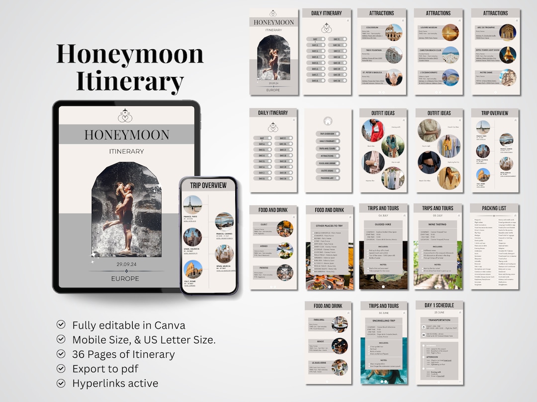 Editable Honeymoon Itinerary Template Minimalist Trip Planner Editable Honeymoon Itinerary Template Minimalist Trip Planner