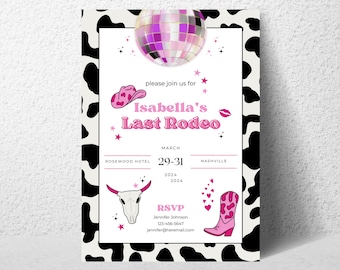 Invitación de despedida de soltera de vaquera de Nashville, fiesta de vaquera disco invitar a la última plantilla de invitación digital editable de despedida de soltera de rodeo
