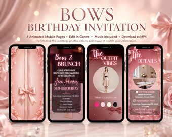 Bows and Brunch Animated Birthday Invitation, 35th Pink Coquette Canva Video Evite, Editable Adult Party Invite