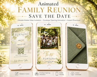 Editable Family Reunion Save the Date Invitation, Mobile Opening Envelope, Announcement Template