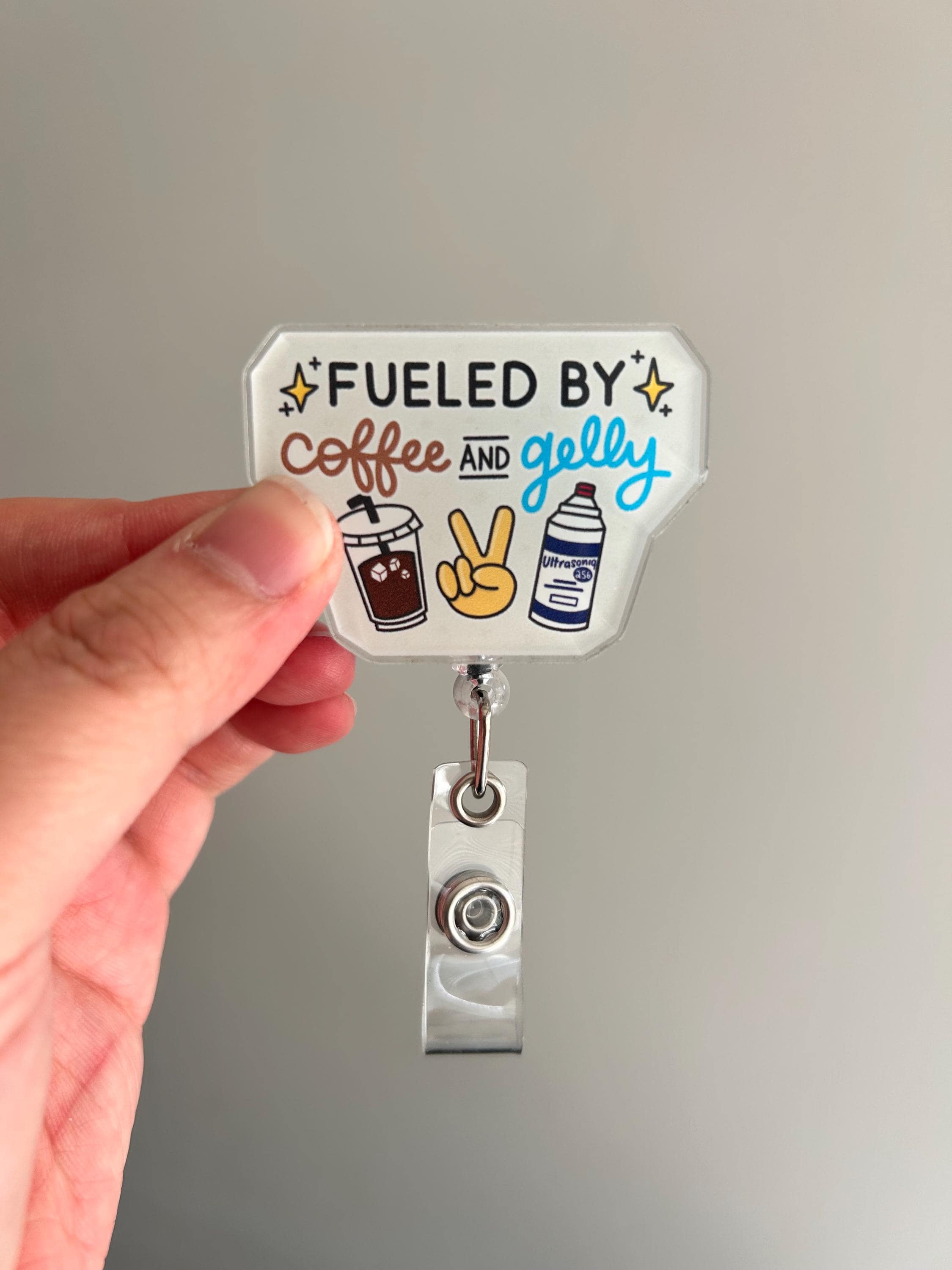fueled by coffee and gelly retractable badge reel, healthcare badge holder, cute ultrasound gift, sonography student, cute medical lanyard