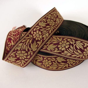 FLORAL CAMEO embroidered Jacquard trim Tan on Deep Burgundy Wine red. 1 1/8 inch wide. 998-FC Floral trim, Regency trim