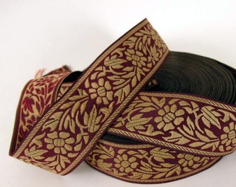 FLORAL CAMEO embroidered Jacquard trim Tan on Deep Burgundy Wine red. 1 1/8 inch wide. 998-FC Floral trim, Regency trim