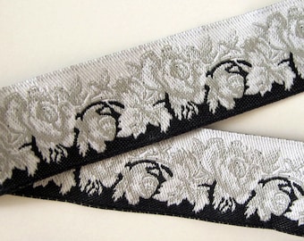 Pre-cut Black and Grey ROSES odd lengths Jacquard trim. 7/8 inch wide. R17A. Floral trim. Positive Negative effect.