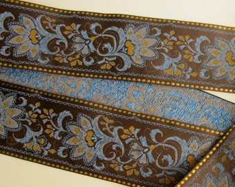 FLORAL SARI BORDER wide Jacquard trim in blue, mustard,  gold, on dark brown. Sold by the yard. 2 1/4 inch wide. 976-c. Brocade