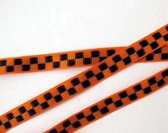 CHECKERBOARD Reversible narrow Jacquard tape, black on orange. Sold by the yard.  7/16 inch wide. 2049-A Halloween trim decor