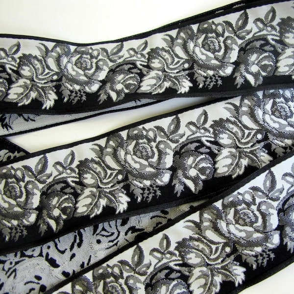 BLACK and WHITE ROSES Jacquard trim. Reversible trim. Sold by the yard. 1 3/4 inch wide.  962-a. Steampunk, Diesel punk