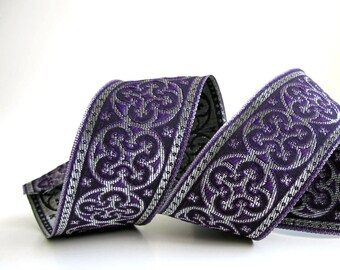 BYZANTINE Jacquard trim in metallic antique silver on purple. Sold by the yard. 1 5/8 inch wide. 958-C Brocade trim