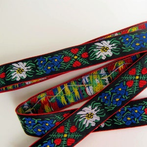 EDELWEISS & HEARTS narrow Jacquard trim White Blue red green yellow on black. Red edges. Sold by the yard. 5/8 inch wide. 9562A Bavarian image 3