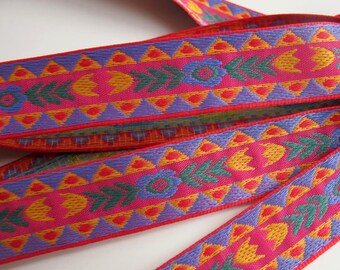 BOHEMIA Jacquard trim in periwinkle blue green mustard on cherry red, Sold by the yard,  7/8 inch wide. 993-A Bavarian dress trim