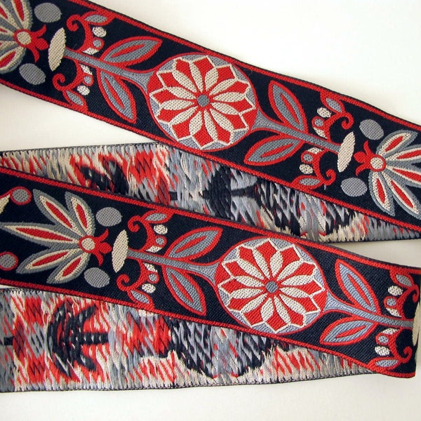 PINWHEELS wide Jacquard trim in red, grey, white on black. Sold by the yard. 2 inches wide. 2046-B