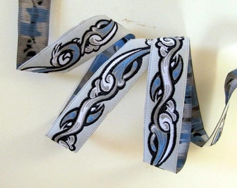 TSUNAMI Great Wave Jacquard trim. Navy blue, white, grey, on pale blue grey. Sold by the yard. 3/4 inch wide. 2052-A  Surfing, Ocean, Water