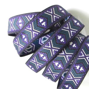 DESERT RIDE Jacquard trim in purple, green, white on black. Sold by the yard. 1 inch wide. 2086-A tribal trim South western trim image 1