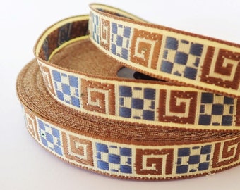 GREEK KEY narrow Jacquard trim with tan and grey greek keys on ecru, Tan edges. 1/2 inch wide. 465-A