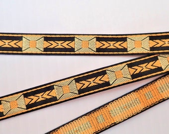 MAJORDOMO, narrow Jacquard trim in orangy yellow, gold on black. Sold by the yard. 5/8 inch wide. 2091-F Geometric trim