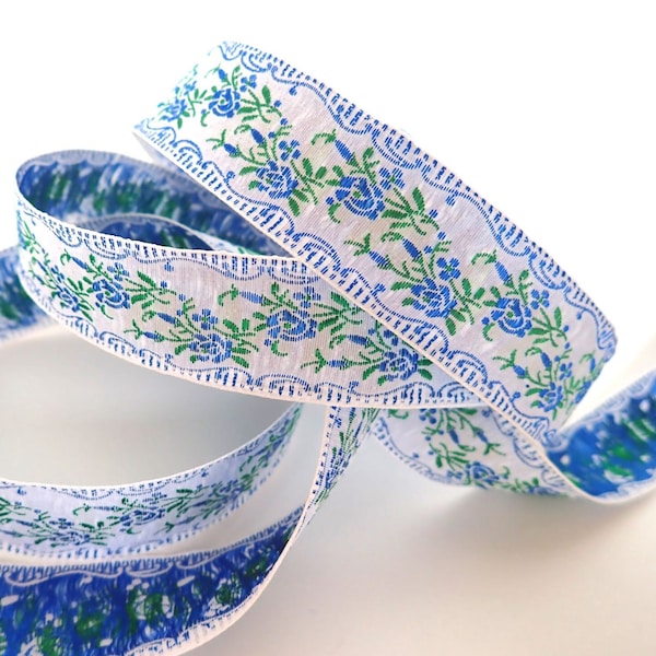 French Provincial LOUIS XV style Jacquard trim in blue, green on white. Sold by the yard. 1 inch wide. V2111-A. Vintage Floral trim