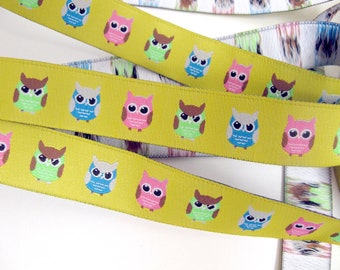 OWLS fabric Jacquard trim. Pink, green, blue, brown on citrus yellow. 7/8 inch wide. 937-A Bird trim. REMNANT
