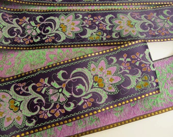 Pre-cut FLORAL SARI BORDER odd lengths Jacquard trim in green, mauve, mustard, gold on deep purple. 2 1/4 inch wide. 976-F. Brocade remnants