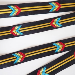 FLECHAZO Jacquard trim in turquoise, red, mustard yellow, off white on black. 3/4 inch wide. Sold by the yard. 2109-A South Western trim image 1