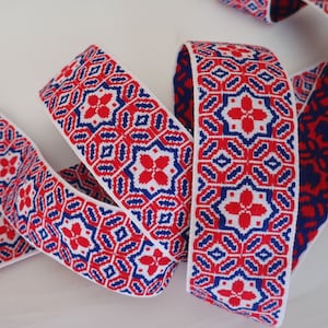 TRADITIONAL SCANDINAVIAN vintage Jacquard trim. Red and Royal Blue on white. Sold by the yard. 2 inch wide. 2103-A.  Baltic folklore trim