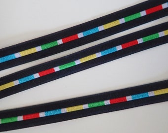 Multicolor stripe Jacquard trim Turquoise Blue, white, red, green, yellow on black. Sold by the yard. 1/2 inch wide. 2838-A MID CENTURY