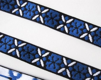 ICELANDIC Jacquard trim in blue, white on black. Sold by the yard. 7/8 inch wide. 2082(B)-E Scandinavian folklore