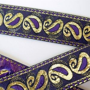 GOTHIC PAISLEY Jacquard trim, purple, metallic gold, on black. Sold by the yard. 1 3/8 inch wide. 9792C Regency Victorian Civil War image 1