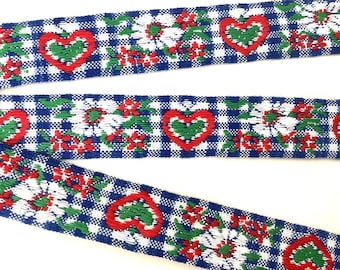 EDELWEISS & HEARTS on BLUE Gingham Jacquard trim in White, Red, Green on Blue Gingham. Sold by the yard. 7/8 inch wide. 2949-B Bavarian trim