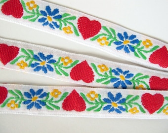 SWEDISH HEARTS Jacquard trim. Red, blue, yellow, green, on white.  Sold by the yard. 3/4 inch wide. 2075-D Baltic folklore