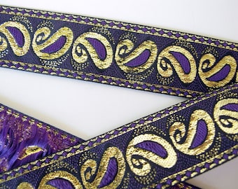 GOTHIC PAISLEY Jacquard trim, purple, metallic gold, on black. Sold by the yard. 1 3/8 inch wide. 979(2)-C  Regency Victorian Civil War