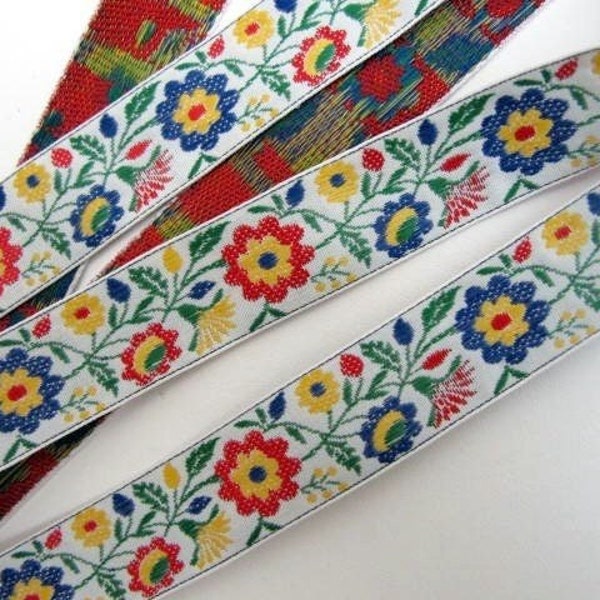 Bavarian SPRINGTIME FLORAL Jacquard trim. Red, blue, yellow, green, on white. Sold by the yard. 3/4 inch wide. 873-A Bavarian dress trim