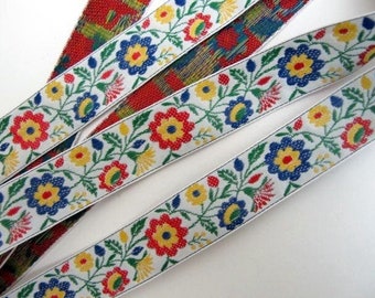 Bavarian SPRINGTIME FLORAL Jacquard trim. Red, blue, yellow, green, on white. Sold by the yard. 3/4 inch wide. 873-A Bavarian dress trim