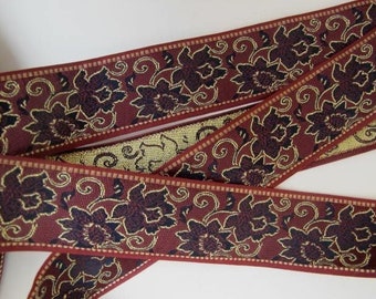 CHRYSANTHEMUM Jacquard trim. Wine red, navy, gold,  on burgundy. Sold by the yard. 1 1/8 inch wide. 871(B)-B  floral trim, victorian trim