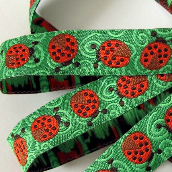 LADYBUGS 3 yards lot Jacquard trim in red, black on green. 5/8 inch wide. 2026-A, Ladybirds, bugs