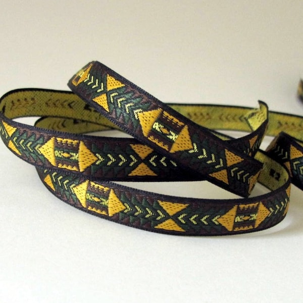TRIBAL ARROWS narrow Jacquard trim in yellow, green, brown, cream. Sold by the yard. 1/2 inch wide. 2019-B Western wear, hat band,
