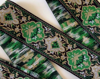 DANTE Jacquard trim in green, beige, ivory on black. Sold by the yard. 1 1/2 inch wide. 2054(2)-B Renaissance trim, brocade trim