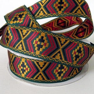 ARIZONA Jacquard trim w kolorze musztardowym, czarnym, czerwonym na zielonym. Sprzedawany w rozmiarze. Szerokość 1 1/2 cala. 2031-A geometryczna lamówka, lamówka plemienna