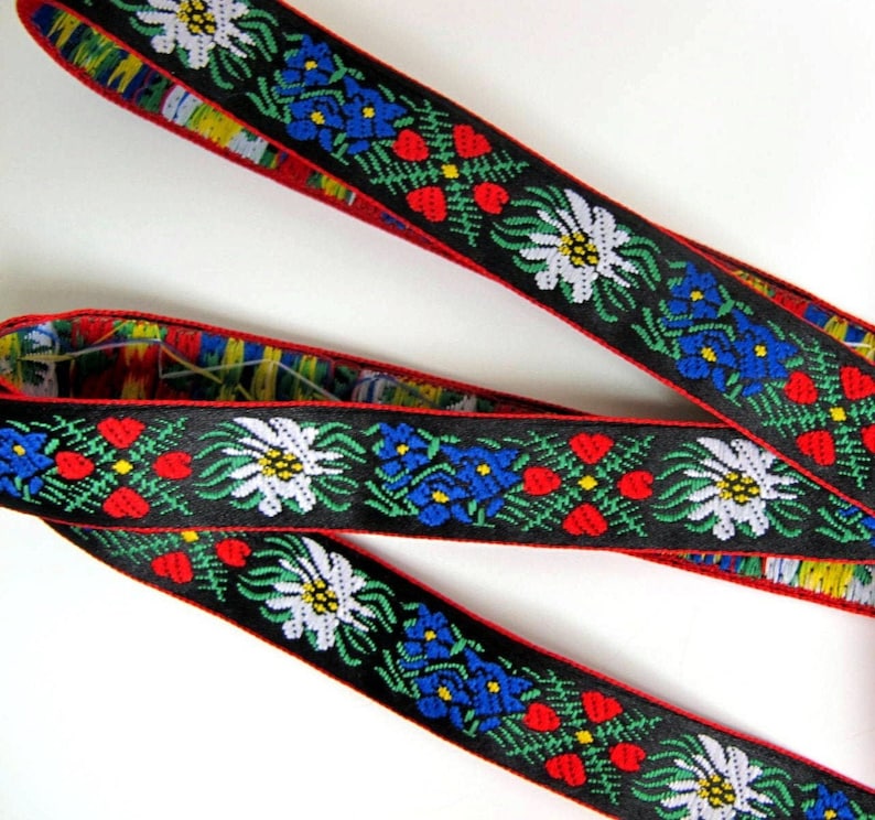 EDELWEISS & HEARTS narrow Jacquard trim White Blue red green yellow on black. Red edges. Sold by the yard. 5/8 inch wide. 9562A Bavarian image 1