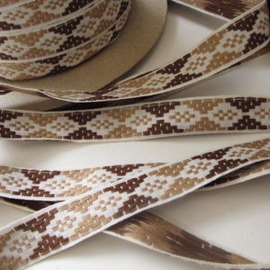 SCANDI DIAMONDS vintage Jacquard trim, beige and brown on white. Sold by the yard. 5/8 inch wide. V60-B. Geometric pattern, neutral tones image 3