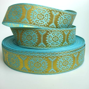 GEORGIAN SQUARES Jacquard trim in turquoise on gold. Sold by the yard. 1 1/2 inch wide. 228(2)-K Brocade trim Regency trim, Historical trim