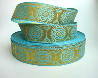 GEORGIAN SQUARES Jacquard trim in turquoise on gold. Sold by the yard. 1 1/2 inch wide. 228(2)-K Brocade trim Regency trim, Historical trim