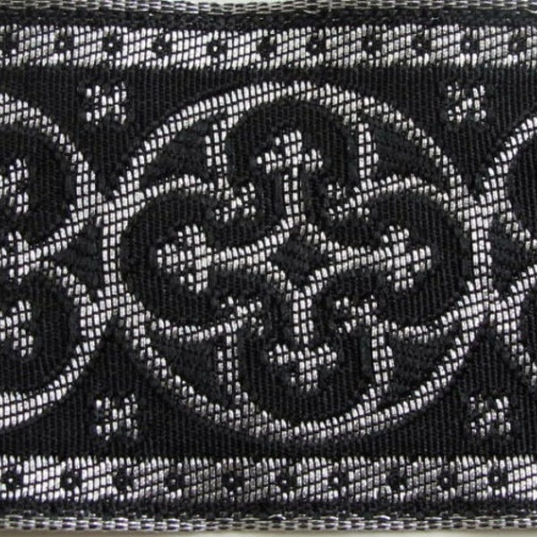 BYZANTINE Jacquard trim in metallic antique silver on black. Sold by the yard. 1 5/8 inch wide. 958-A Fine brocade trim