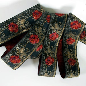 deep red roses on a black jacquard trim with gold details in pointille