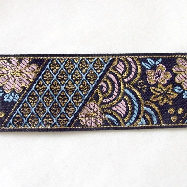 KIMONO Jacquard trim in turquoise, pink, gold on black. Sold by the yard. 1 3/8 inch wide.  702-A. Japanese kimono trim