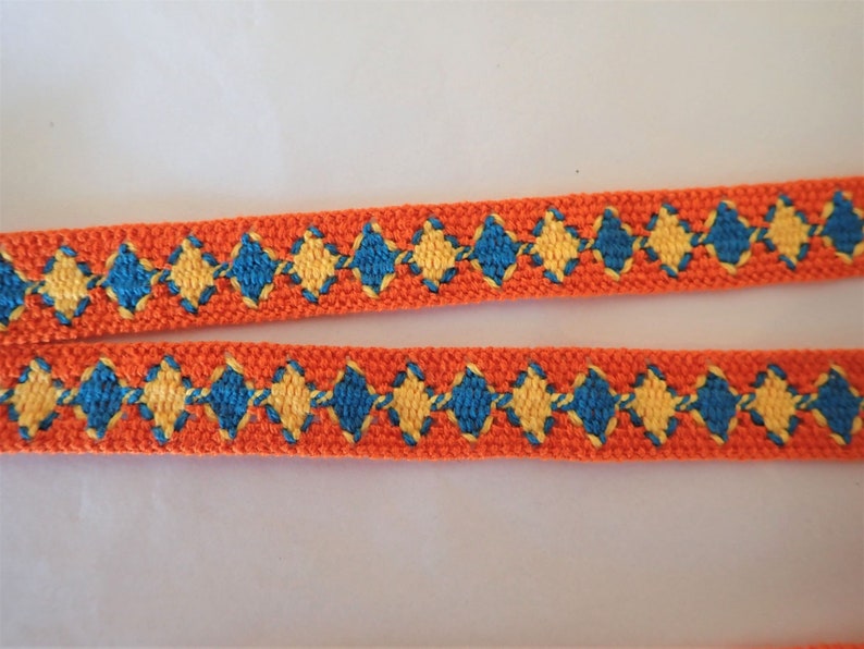 Rustic VOLOS Jacquard trim in turquoise, yellow on orange. Fully reversible. Sold by the yard. 6/8 inch wide. 2095-A Native style trim. image 3