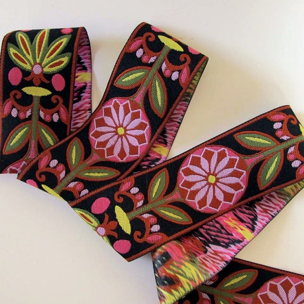 PINWHEELS wide Jacquard trim in terracotta red, pink, olive green, mauve, yellow on black. 2 inches wide. 2046-D