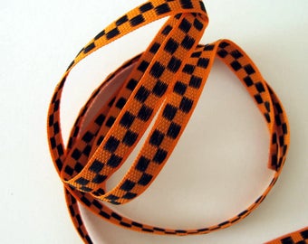 CHECKERBOARD Reversible narrow Jacquard tape, black on orange. Sold by the yard.  7/16 inch wide. 2049-A Halloween trim decor