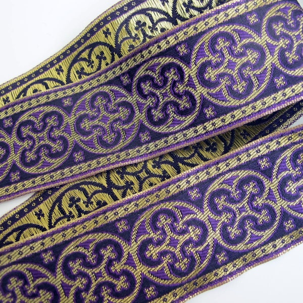 BYZANTINE Jacquard trim in metallic antique gold on purple. Sold by the yard, 1 5/8 inch wide. 958-D. Brocade, medieval trim, regal trim