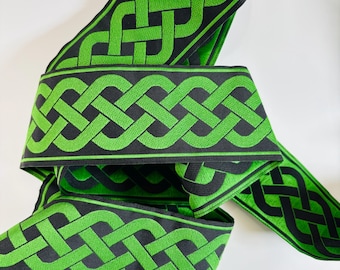 CELTIC RUNNING KNOT, wide, Jacquard trim. Green on black. Sold by the yard. 2 inch wide. 501-E Celtic Viking trim