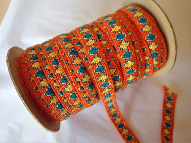 Rustic VOLOS Jacquard trim in turquoise, yellow on orange. Fully reversible. Sold by the yard. 6/8 inch wide. 2095-A Native style trim. image 4